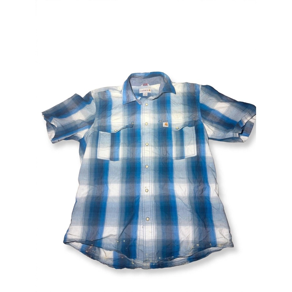 Carhartt Shirt Mens M Blue Plaid Work Shirt Flaw Bleach Stain Distressed